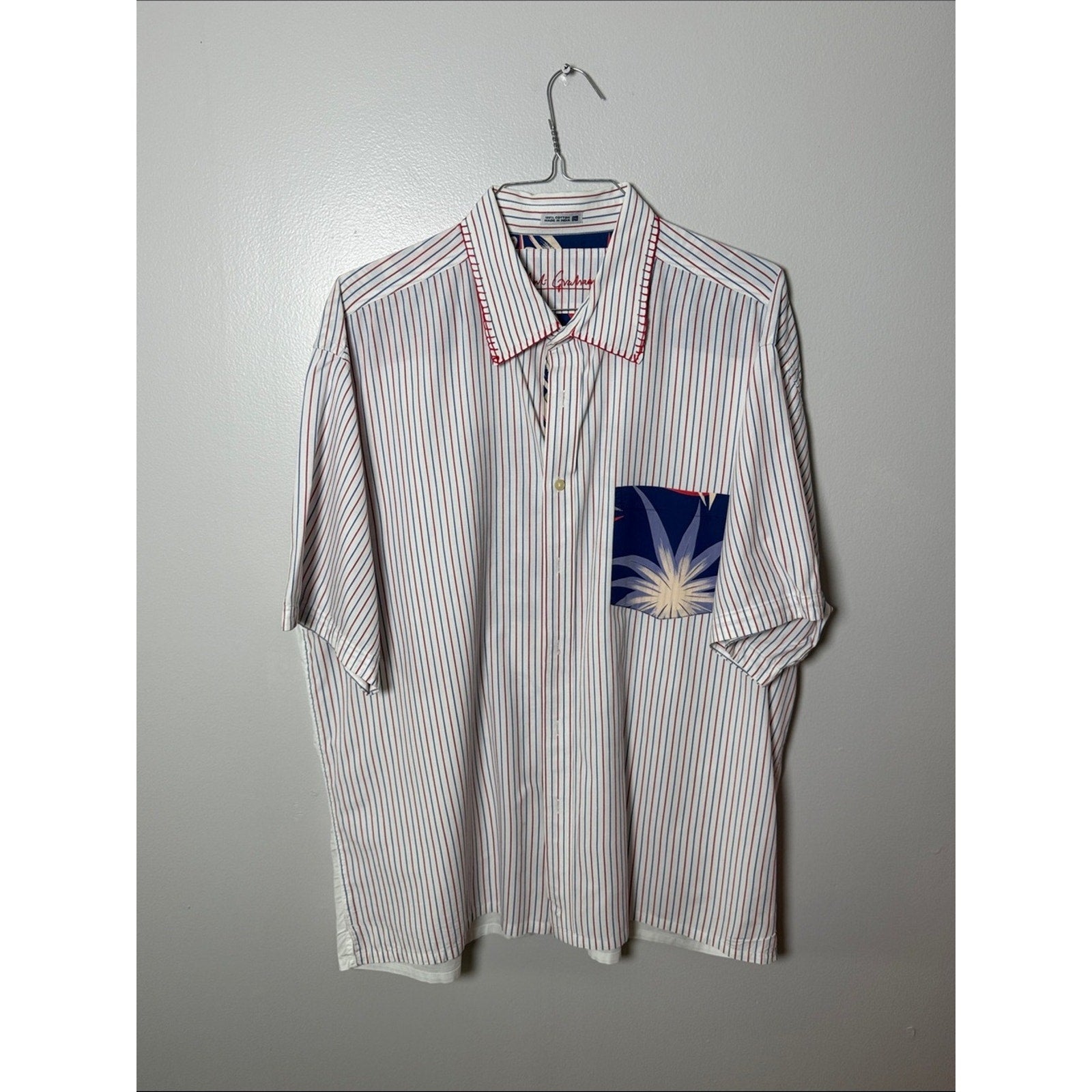 Robert Graham White Button-Up Shirt with Red and Blue Stripes and Navy Pocket 3x