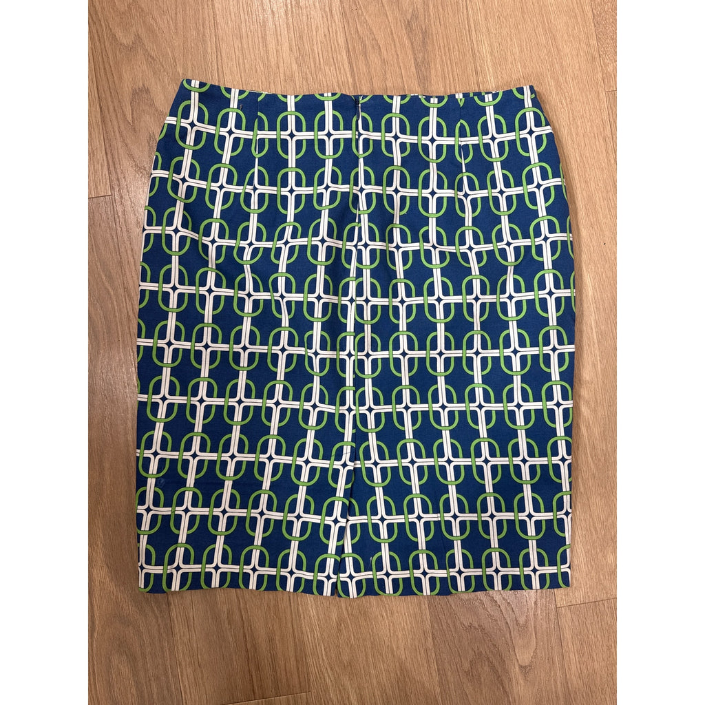 Talbots Navy Pencil Skirt with Green & White Geometric Link Print Size 12