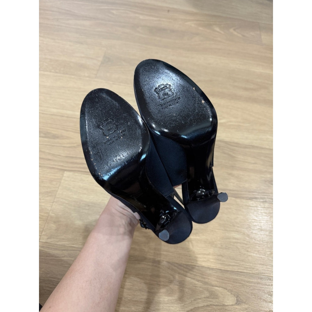 Stuart Weitzman Astrology Black Satin Embellished Peep-Toe Slingback Heels 9.5