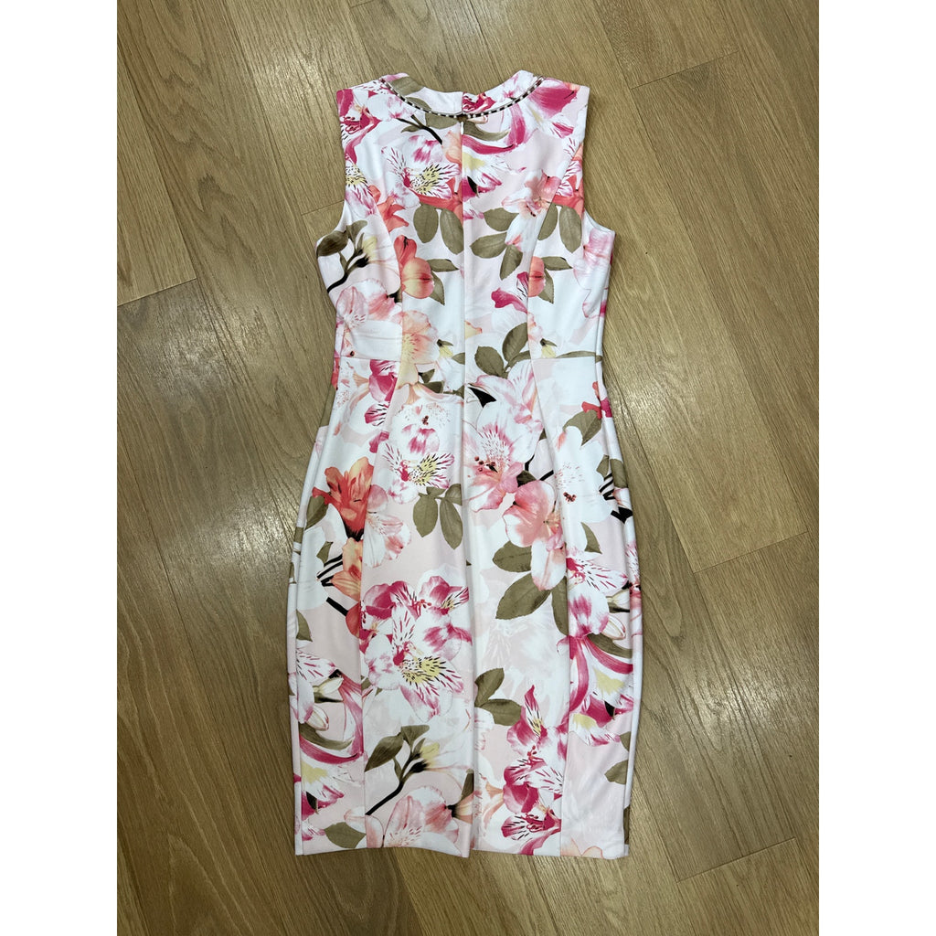 Calvin Klein Printed Faux Pearl Trim Floral Sleeveless Sheath Dress Size 6
