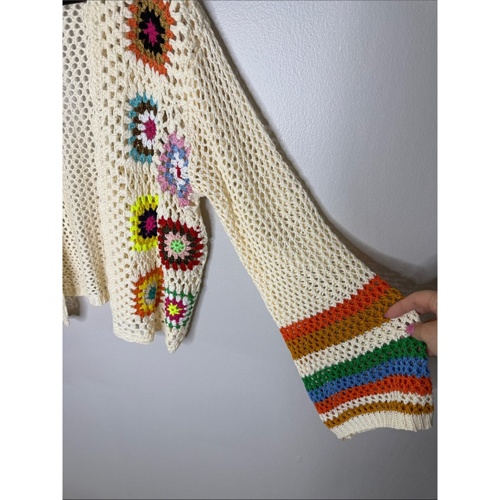 Cream Crochet Open-Front Cardigan Sweater with Multicolor Accents Size XL