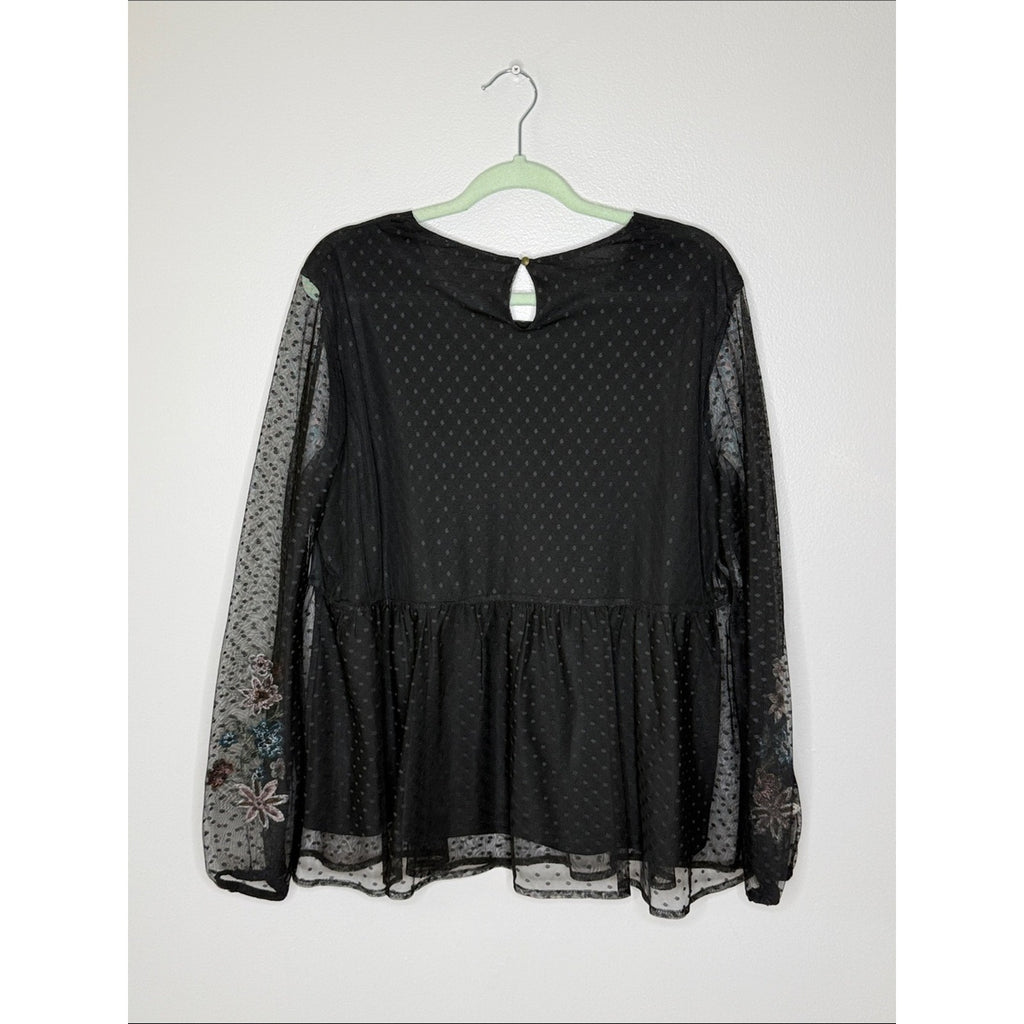 Style & Co. Black Sheer Blouse with Multicolor Floral Embroidery Size 1X