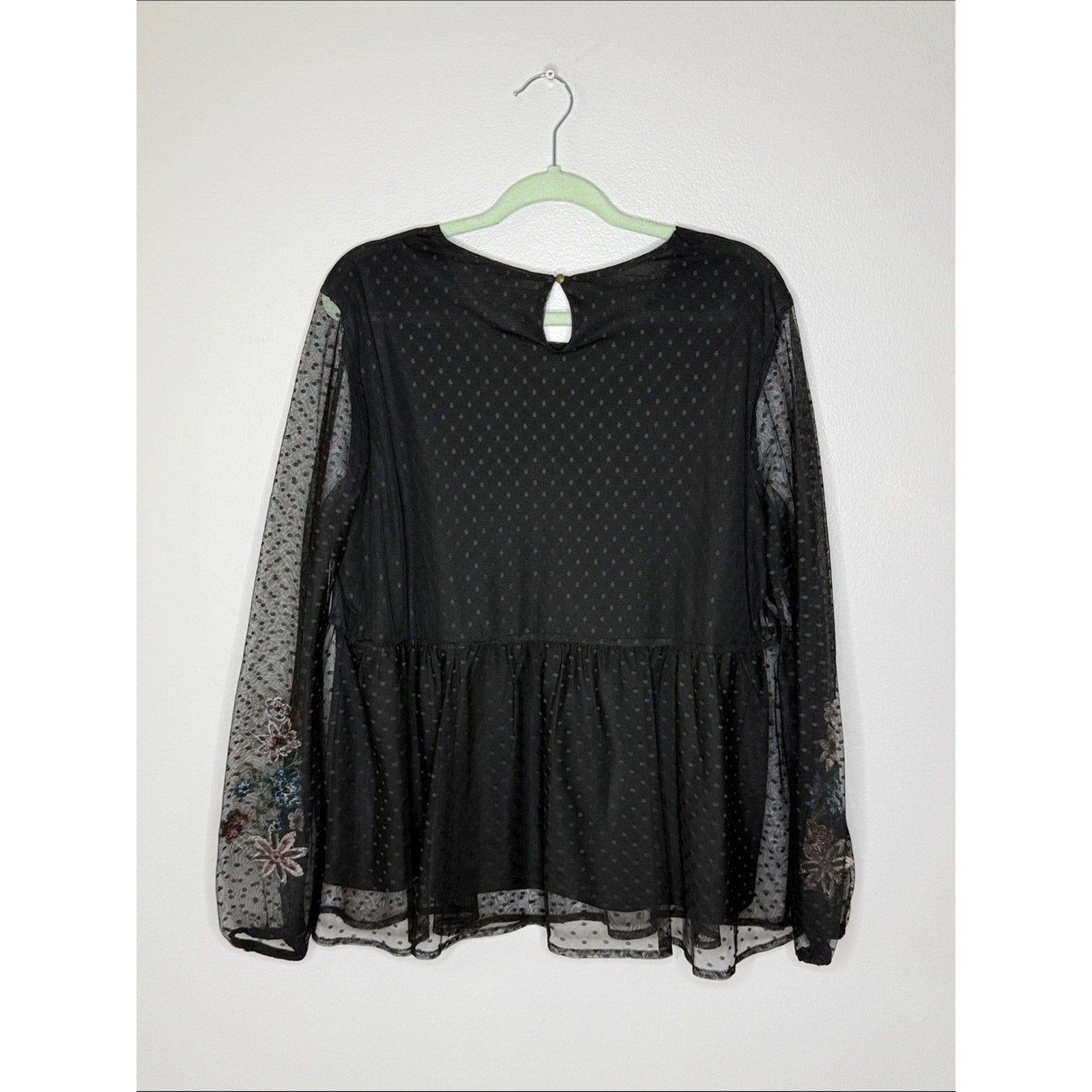 Style & Co. Black Sheer Blouse with Multicolor Floral Embroidery Size 1X