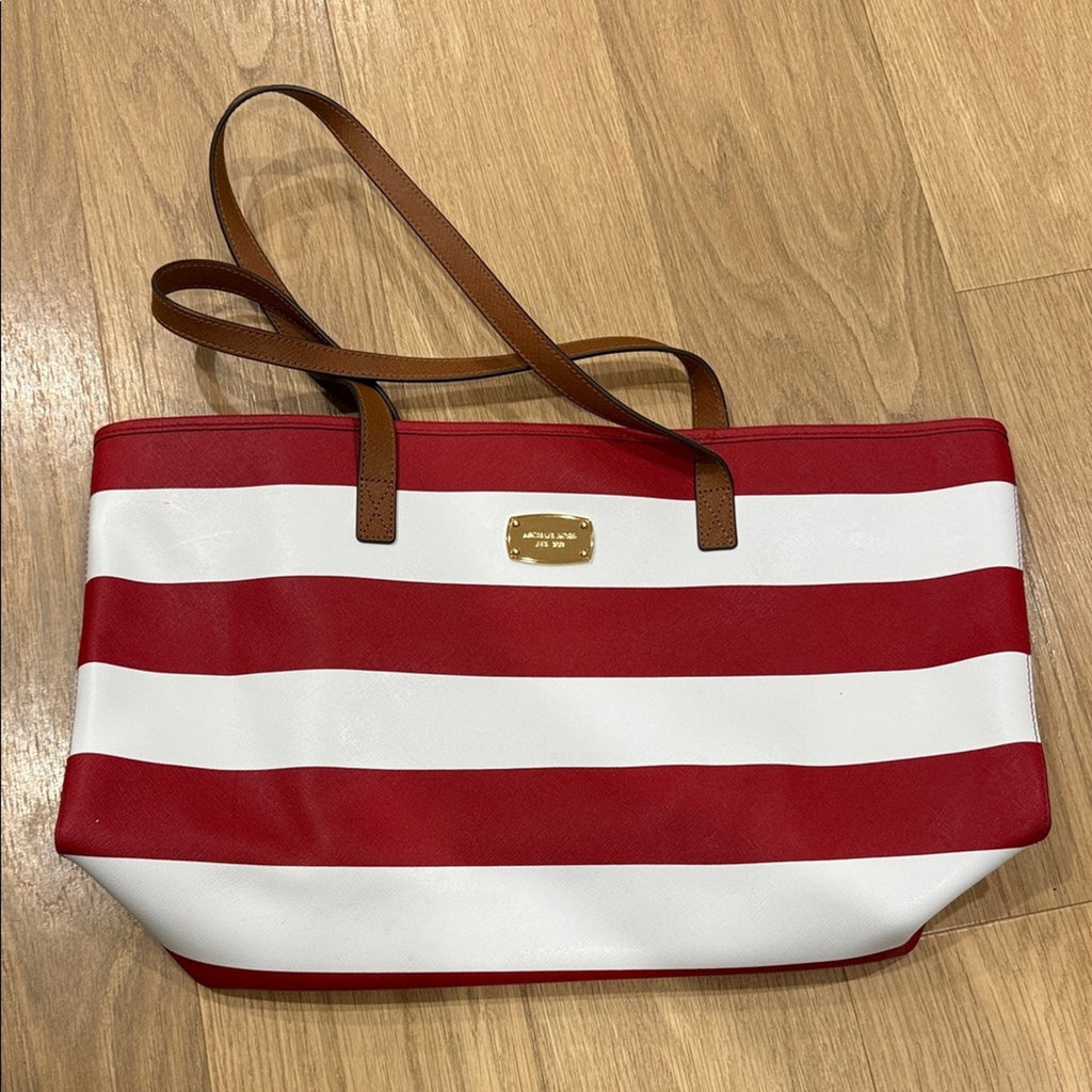 Michael Kors Jet Set Travel Red and White Striped Tote Bag