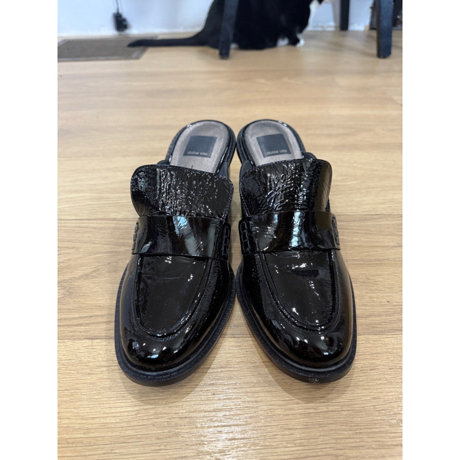 Dolce Vita Mali Heeled Loafer Mules in Black Patent Leather Block Heel Size 9.5