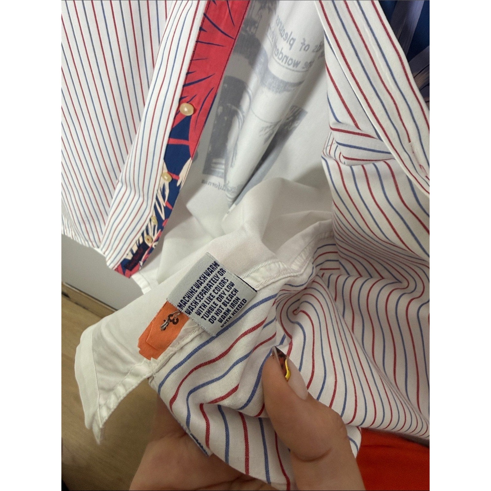 Robert Graham White Button-Up Shirt with Red and Blue Stripes and Navy Pocket 3x