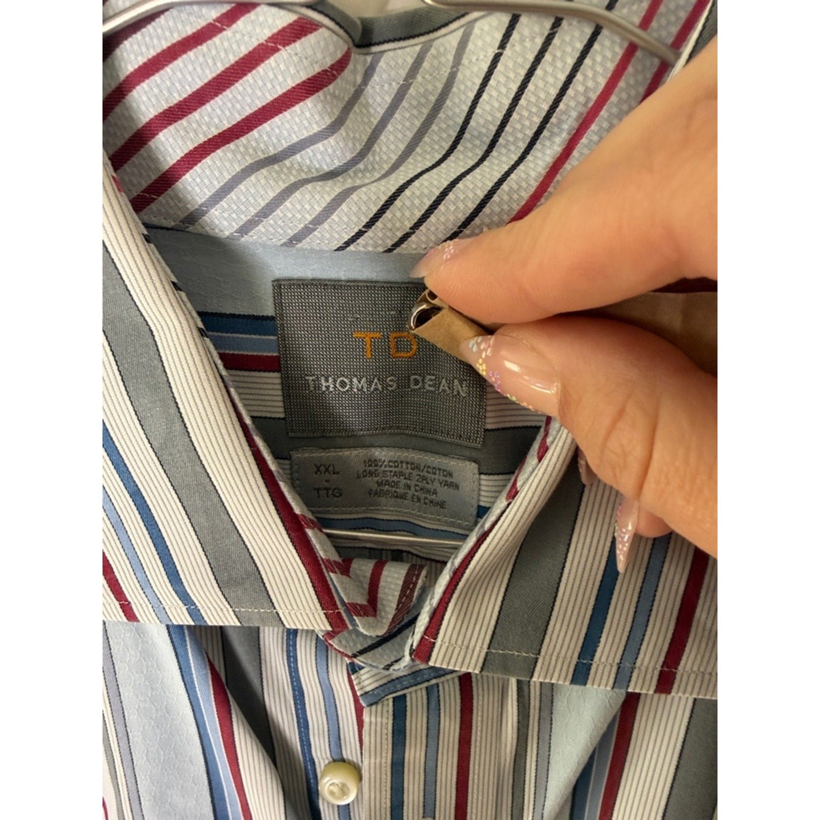 Thomas Dean Men's Button-Down Stripe Shirt - Blue, White, Red Size XXL