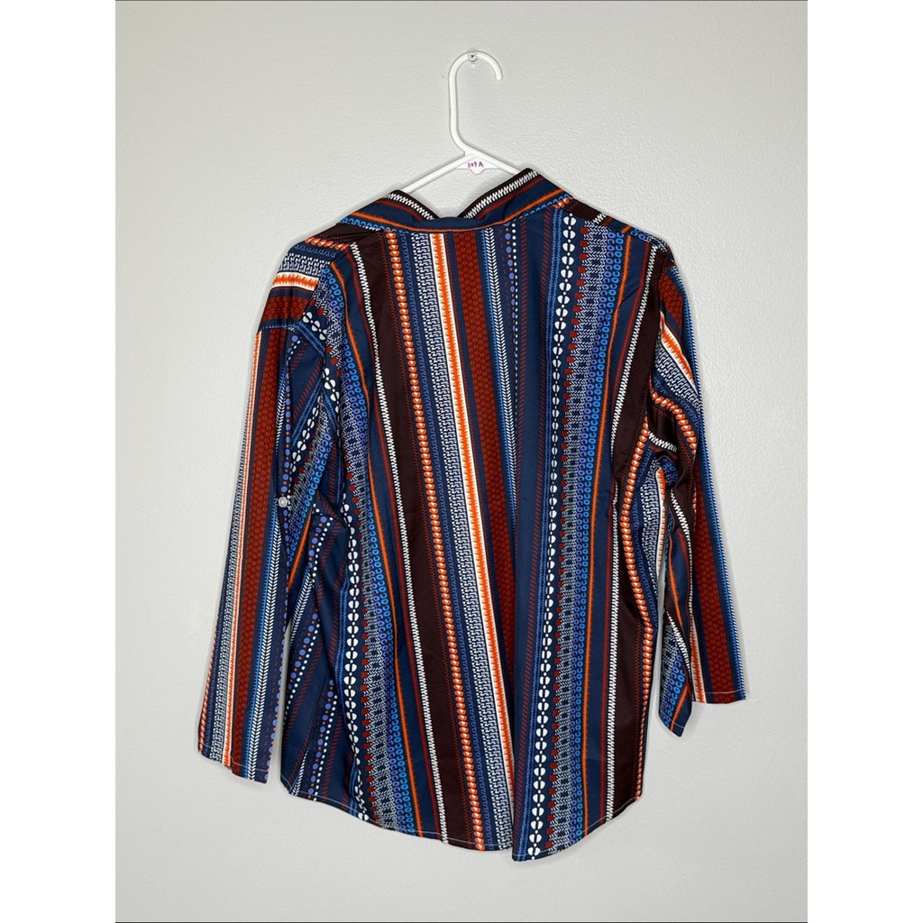 Multi-Stripe Casual Button-Up Shirt - Navy/Orange/Brown Size XXL