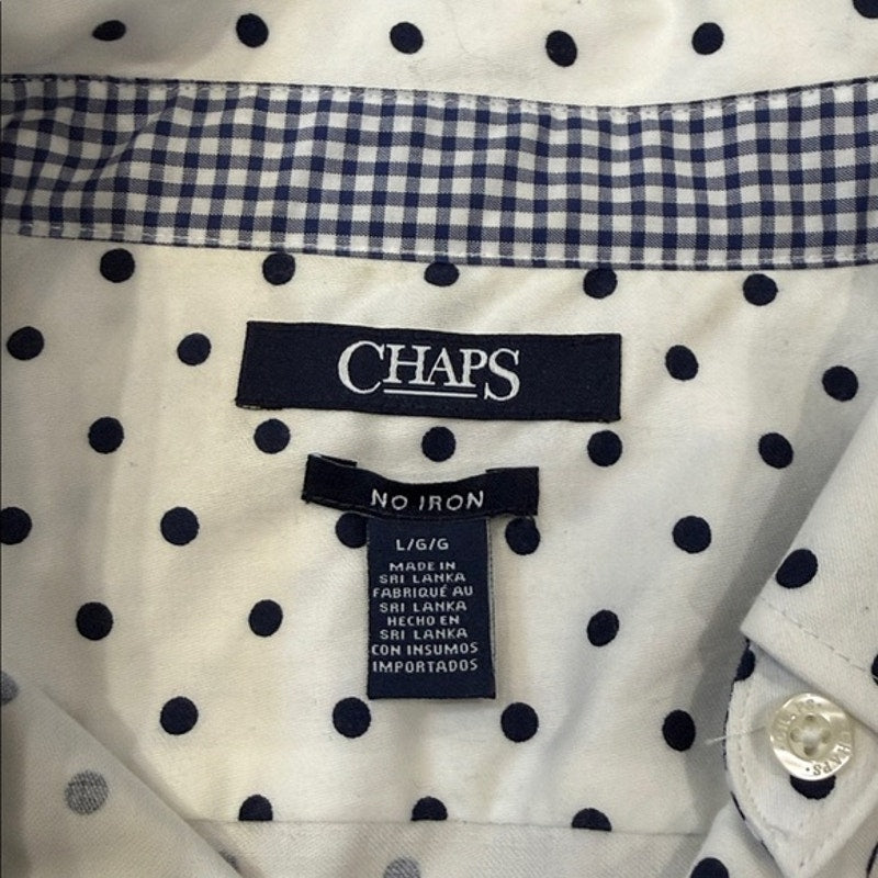 Chaps White Button Down Long Sleeve Shirt with Navy Blue Polka Dots Size Large