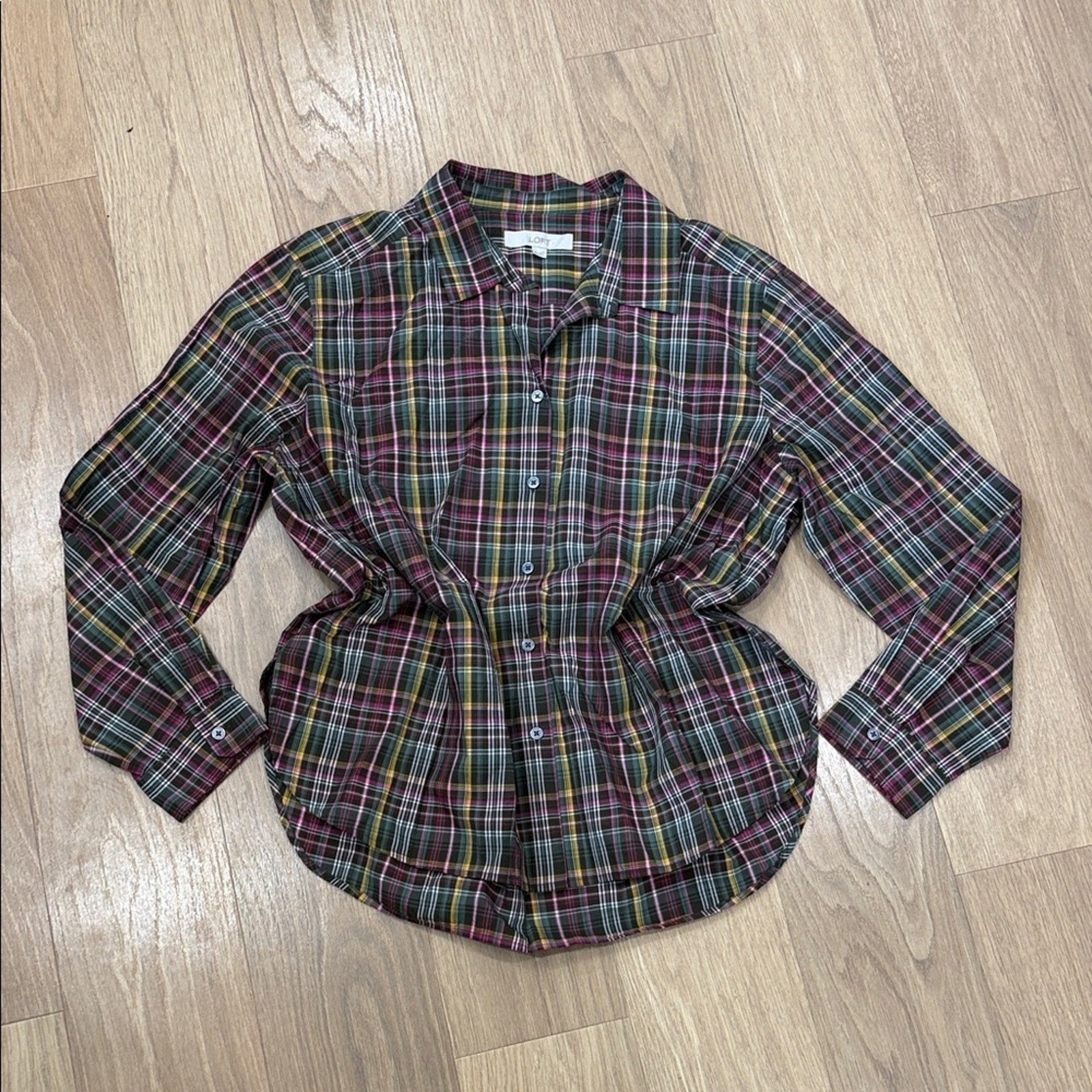 LOFT Multicolor Plaid Button Front Vented Hem Long Sleeve Shirt Size XL