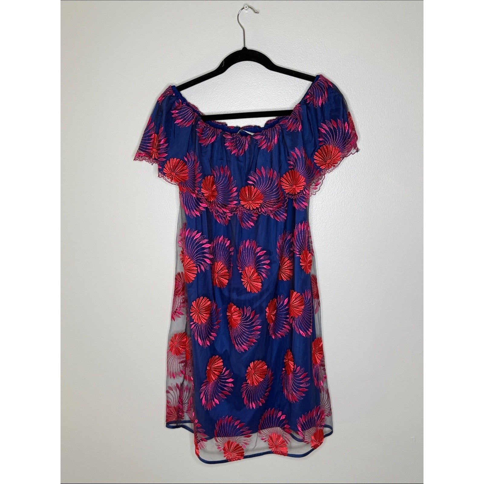 Trina Turk Navy Dress with Bright Pink Embroidered Fans Size M/L