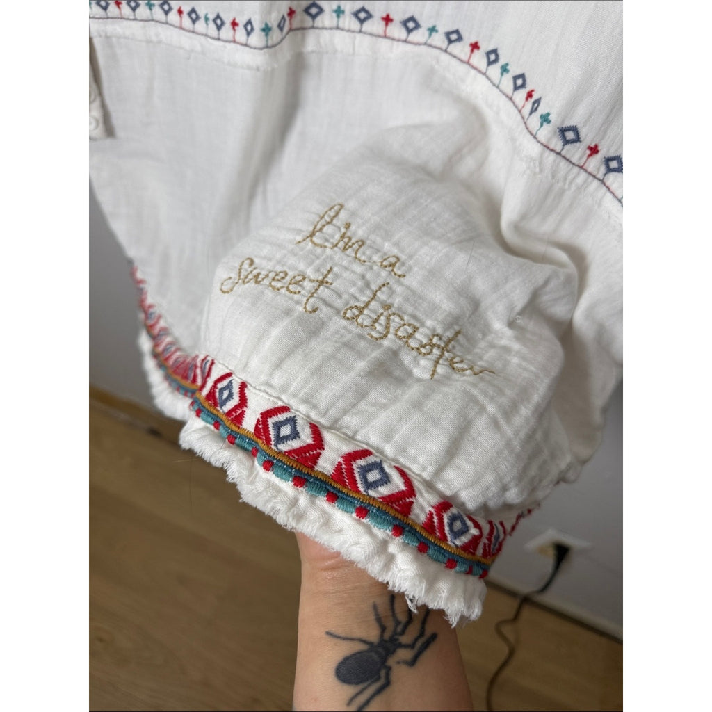 Johnny Was Pete & Greta Cream Embroidered Button-Down with Red and Teal Accents