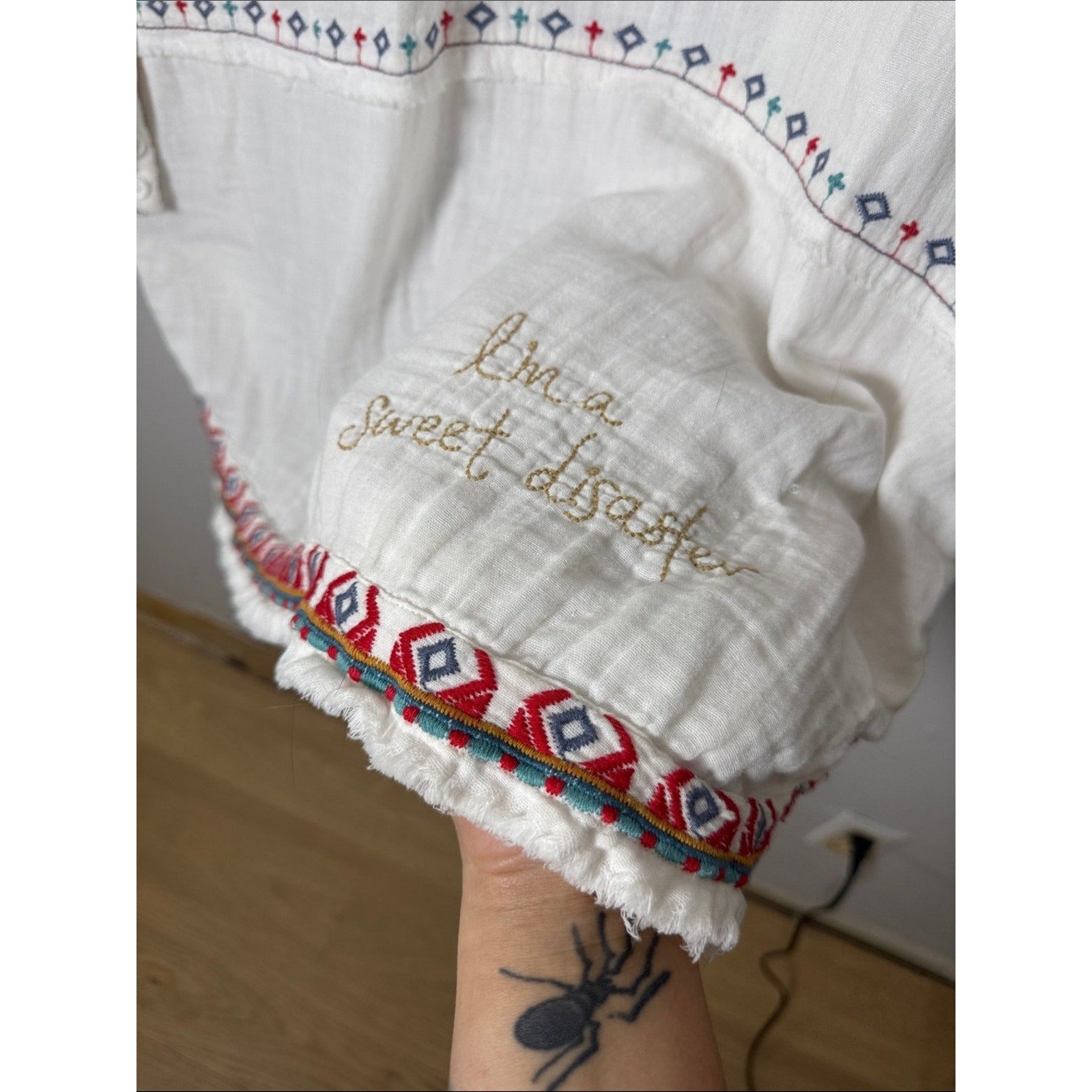 Johnny Was Pete & Greta Cream Embroidered Button-Down with Red and Teal Accents