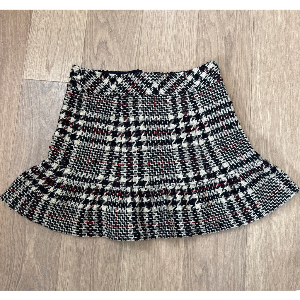 Nanette Lepore Bergdorf Goodman Houndstooth Wool Blend Black / White / Red Plaid Button Front Peplum Skirt Size 6