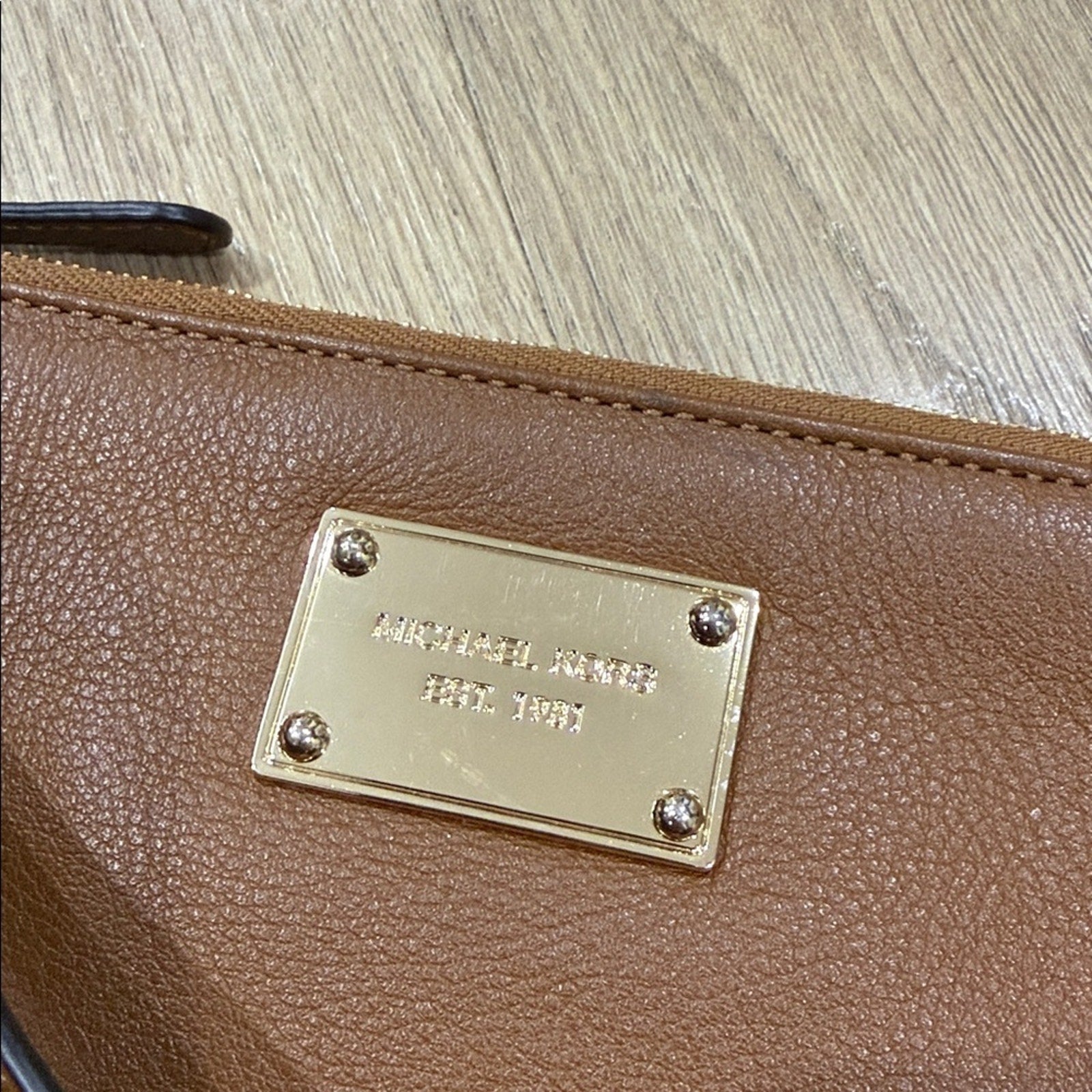 Michael Kors Fulton Large Top Zip Leather Wristlet Clutch Wallet in "Luggage"