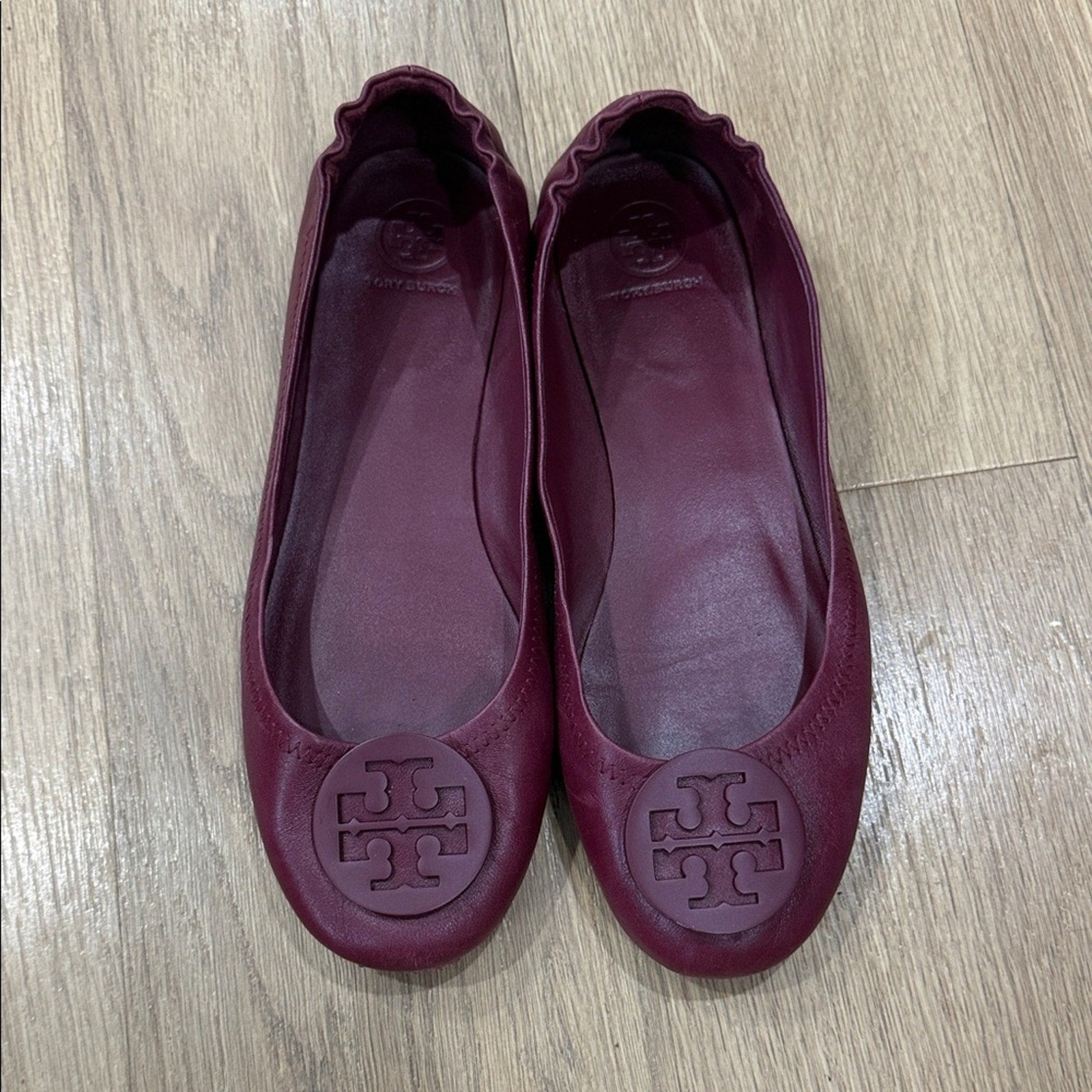 Tory Burch Minnie Travel Ballet Flats in Burgundy Nappa Leather Size 9.5