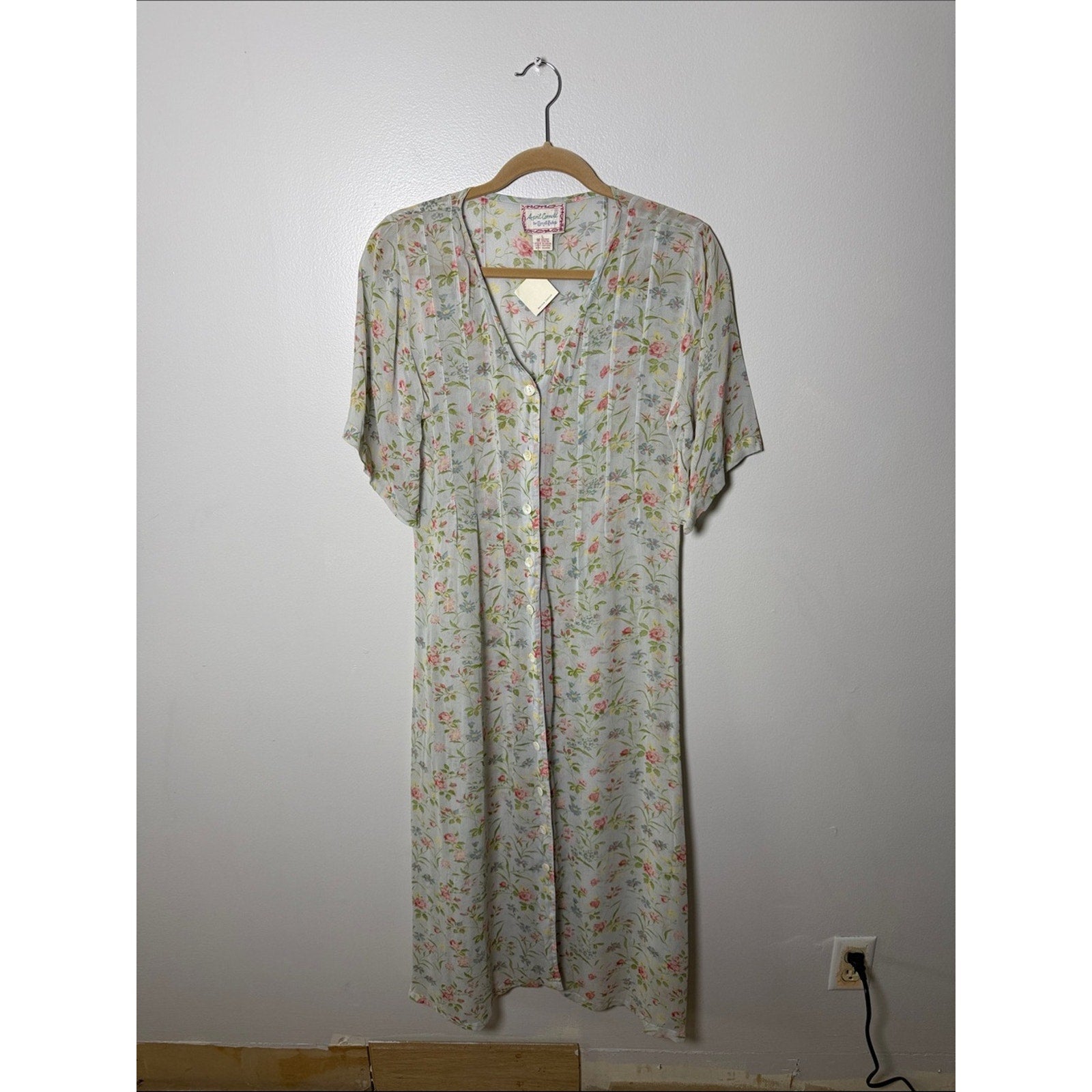 April Cornell Pale Green Floral Button-Front Dress with Pink Roses Size Large
