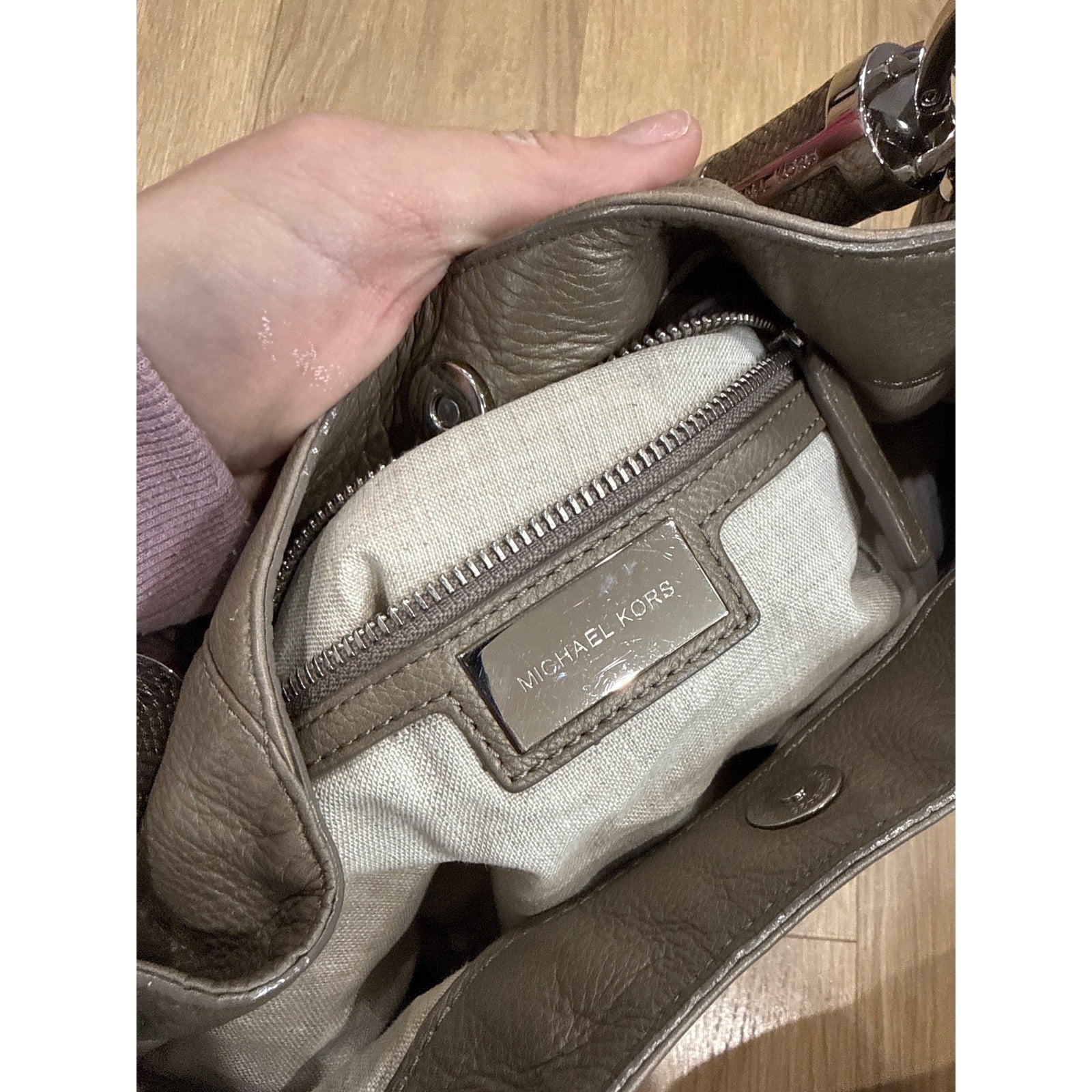 Michael Kors Gray / Taupe Satchel Style Leather Shoulder Handbag