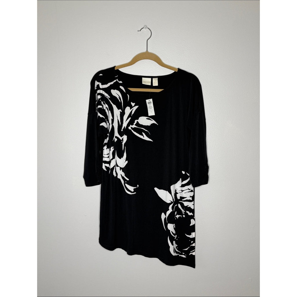 Chico's Black Tunic with White Floral Print Size 1 or Medium
