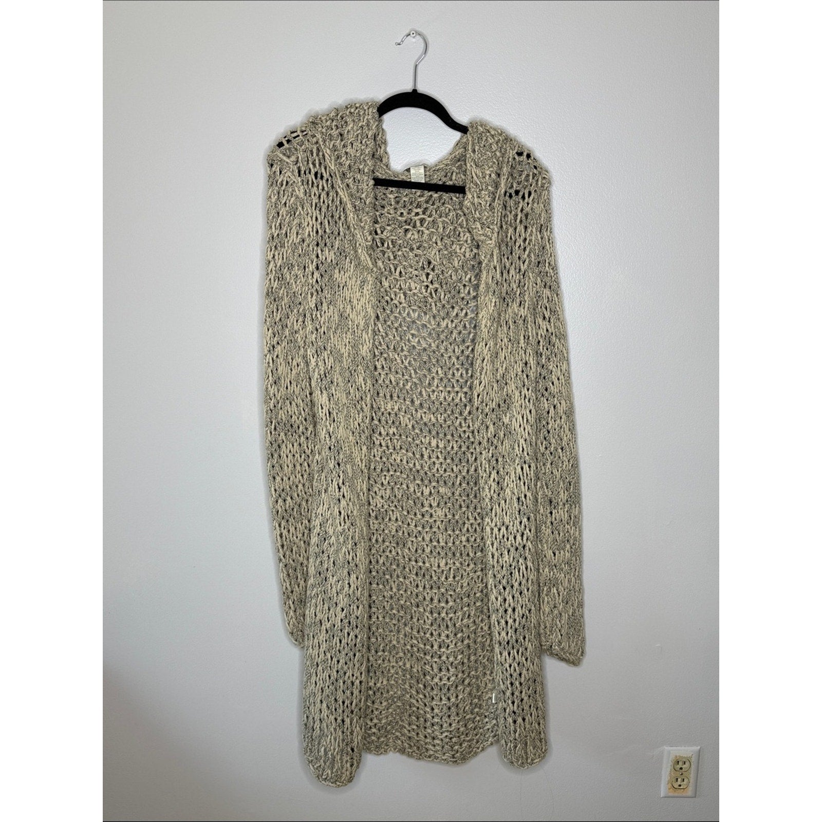 White + Warren Open Knit Hooded Cardigan in Oatmeal Size XL