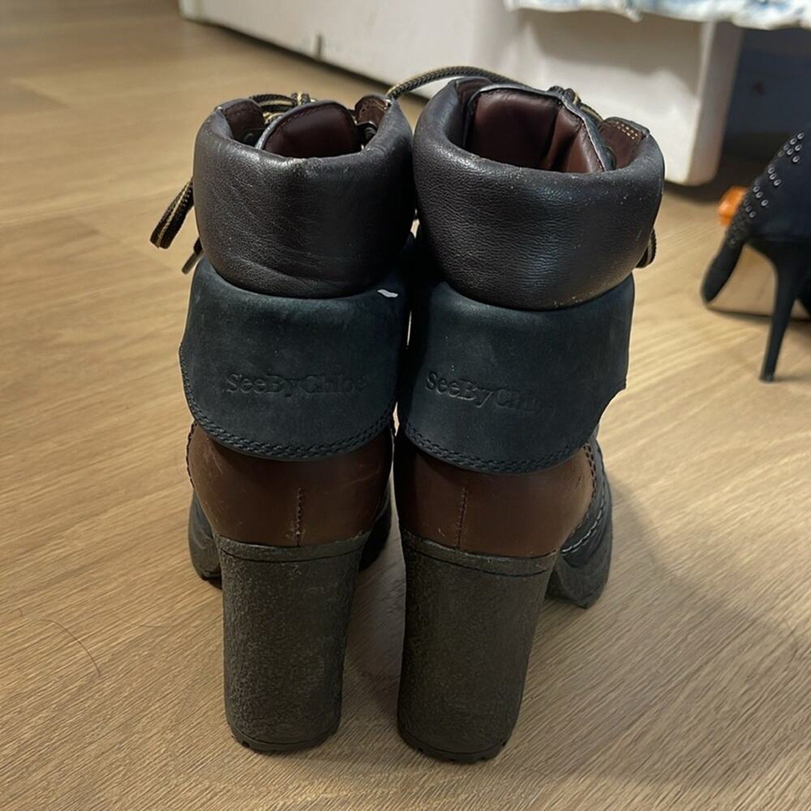 SEE BY CHLOE Black and Brown Suede and Leather Heeled Lace Up Boots Size 6 / 36