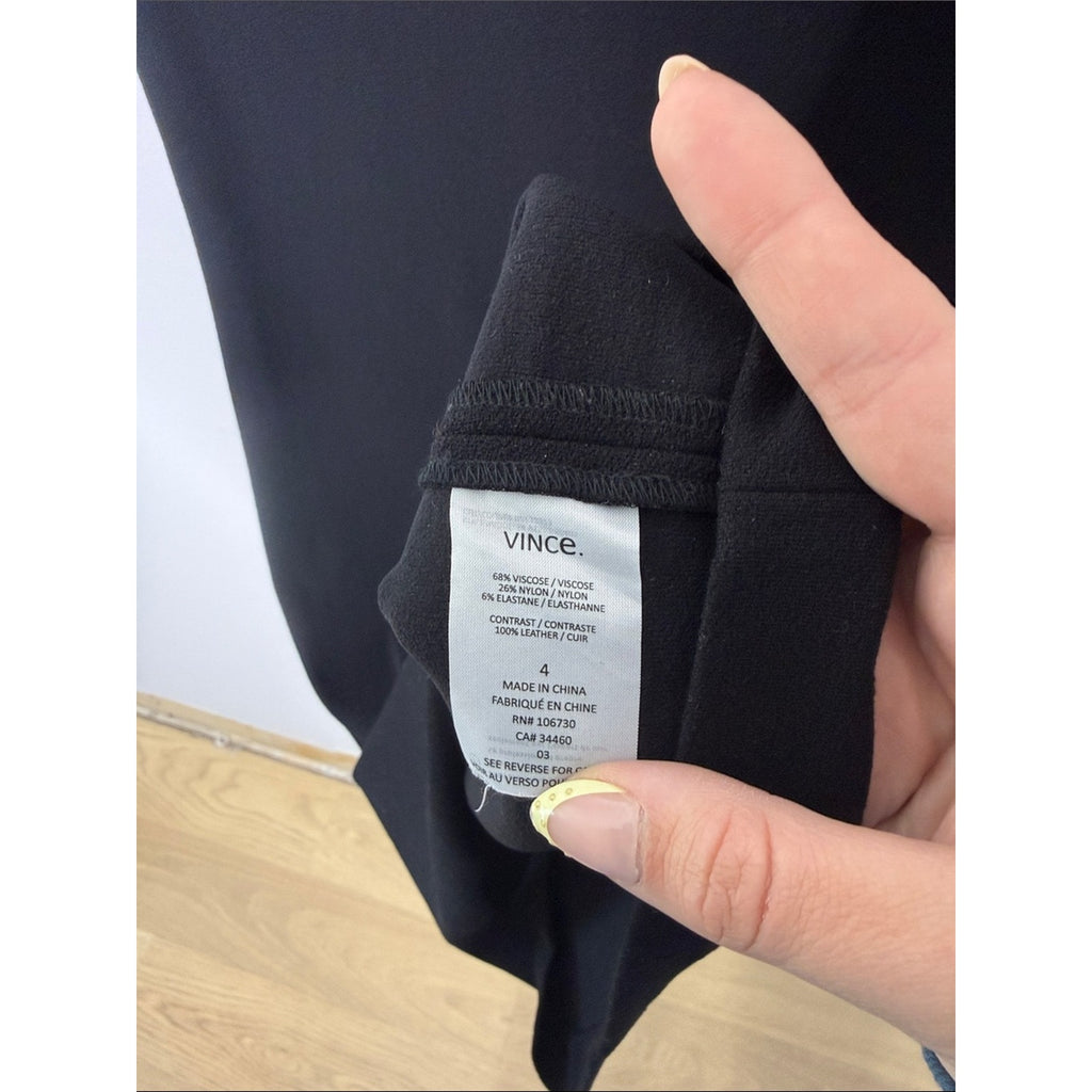 Vince Classic Black Short-Sleeve Sheath Dress w/ Leather Sleeves Size 4