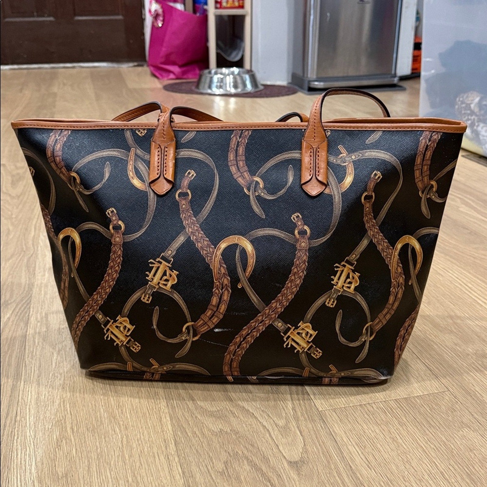 Lauren Ralph Lauren Caldwell Belting Equestrian Print PVC Tote Bag Leather Trim