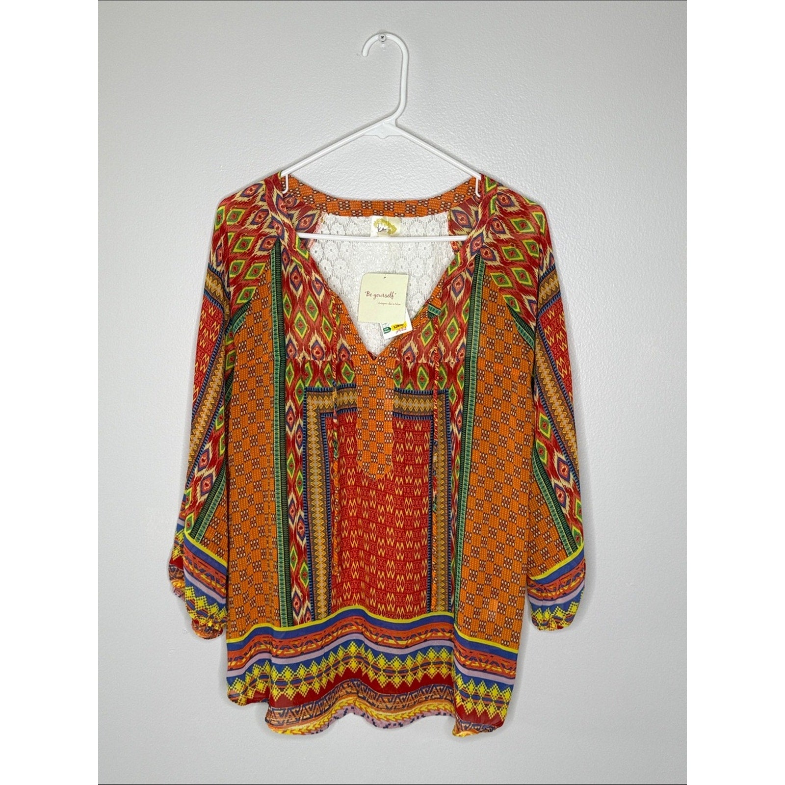 fig and flower Orange Multicolor Boho Tunic Top Size XL