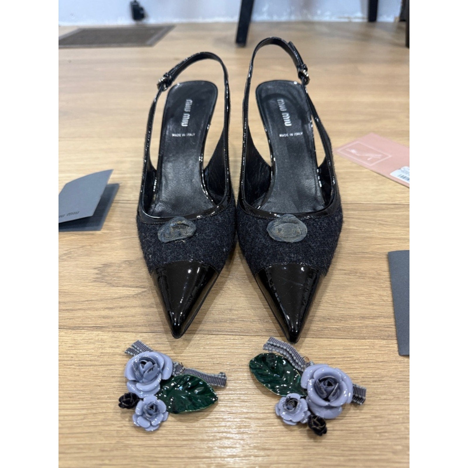 Miu Miu Black Pointed-Toe Slingback Heels with Floral Embellishment Size 9.5