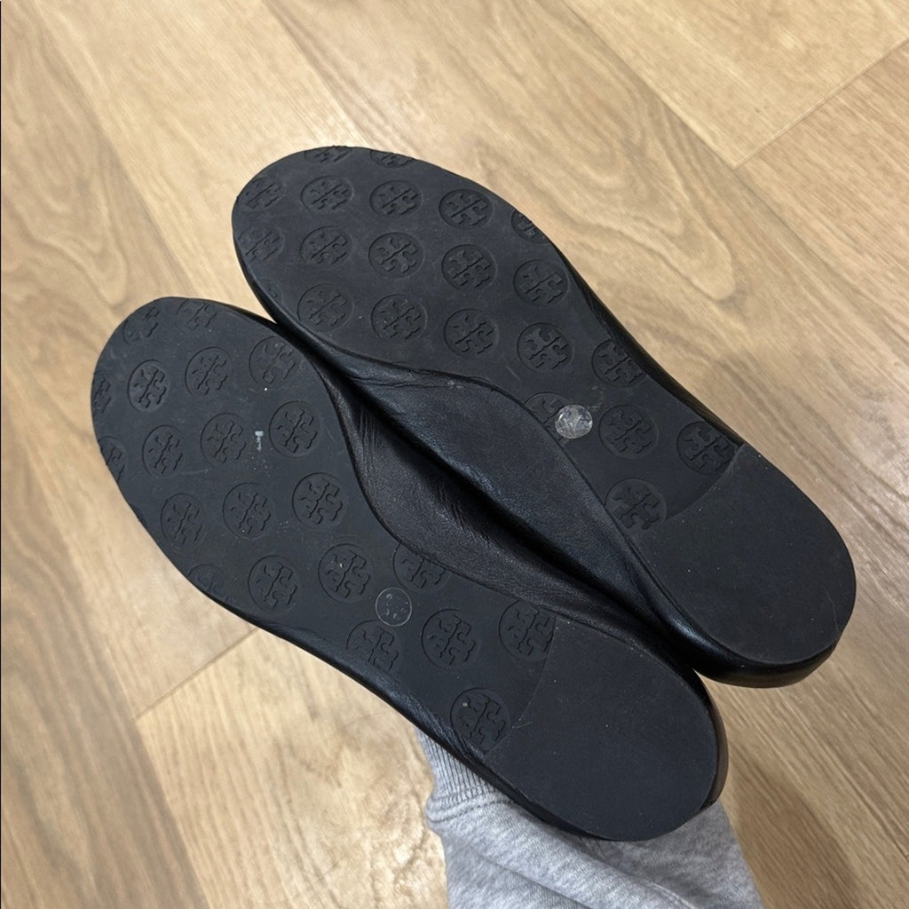 Tory Burch Black Travel Reva Ballet Flats with Silver Logo Size 9.5