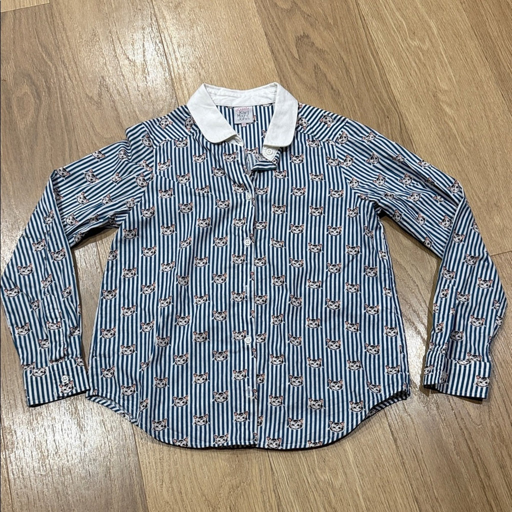 Little Karl Marc John Blue Striped Cat Graphic Button Down Shirt Size 10