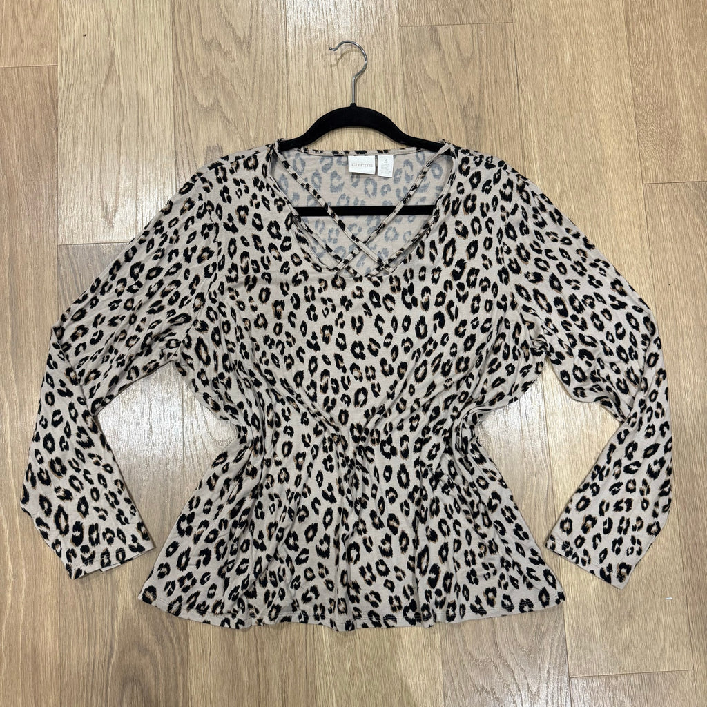 Chico's Leopard Print Criss-Cross V-Neck Long Sleeve Top Size 3 / XL