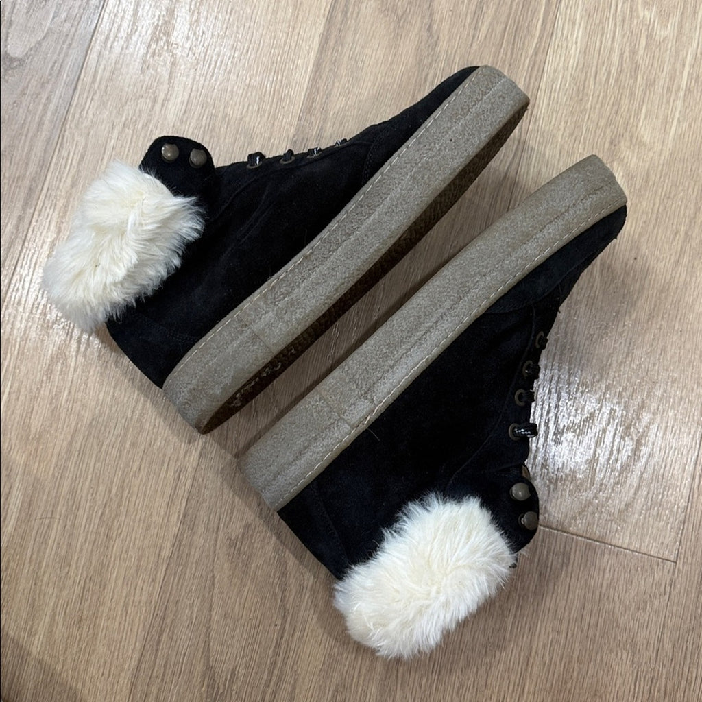 Saks Fifth Avenue Faux Shearling Lined Black Suede Platform Sneakers - Size 10