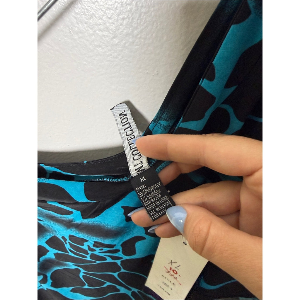 MT Collection Black and Turquoise Floral One-Shoulder Dress Size XL