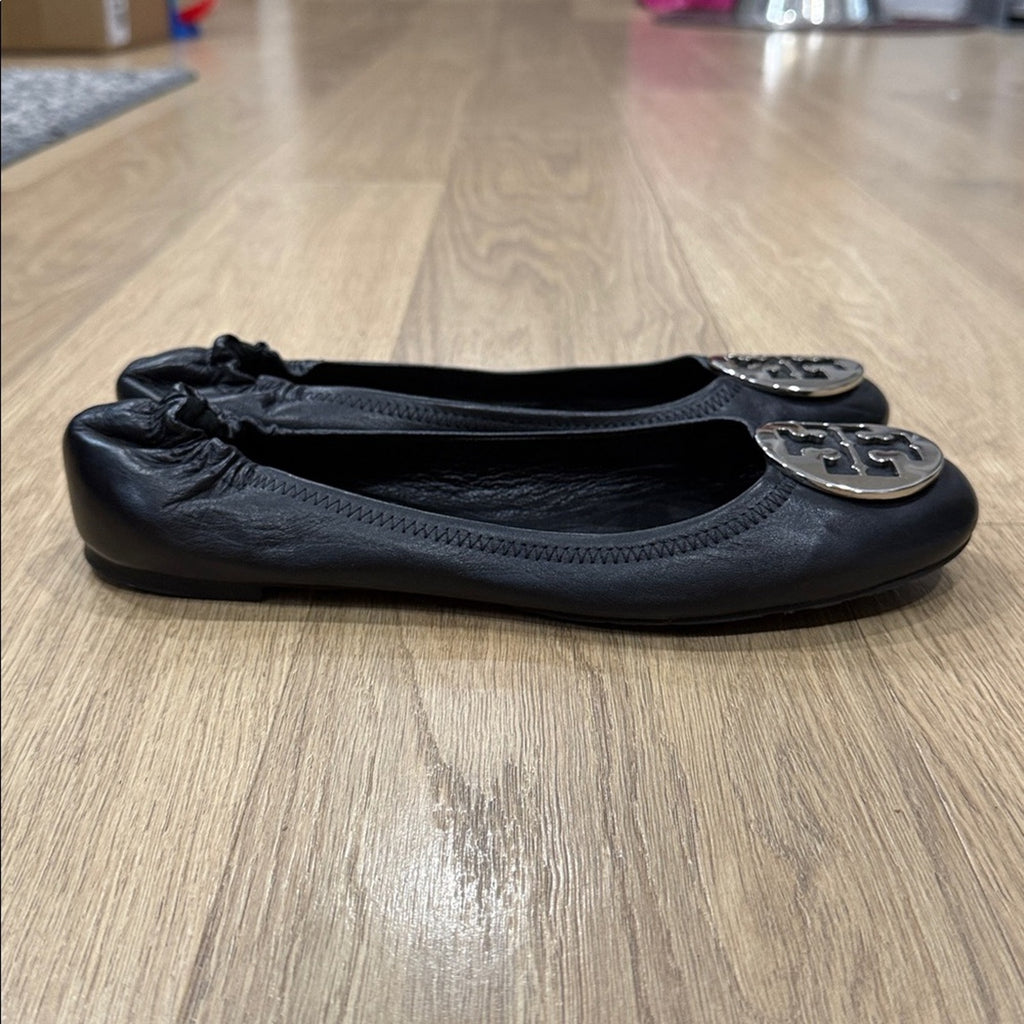 Tory Burch Black Travel Reva Ballet Flats with Silver Logo Size 9.5