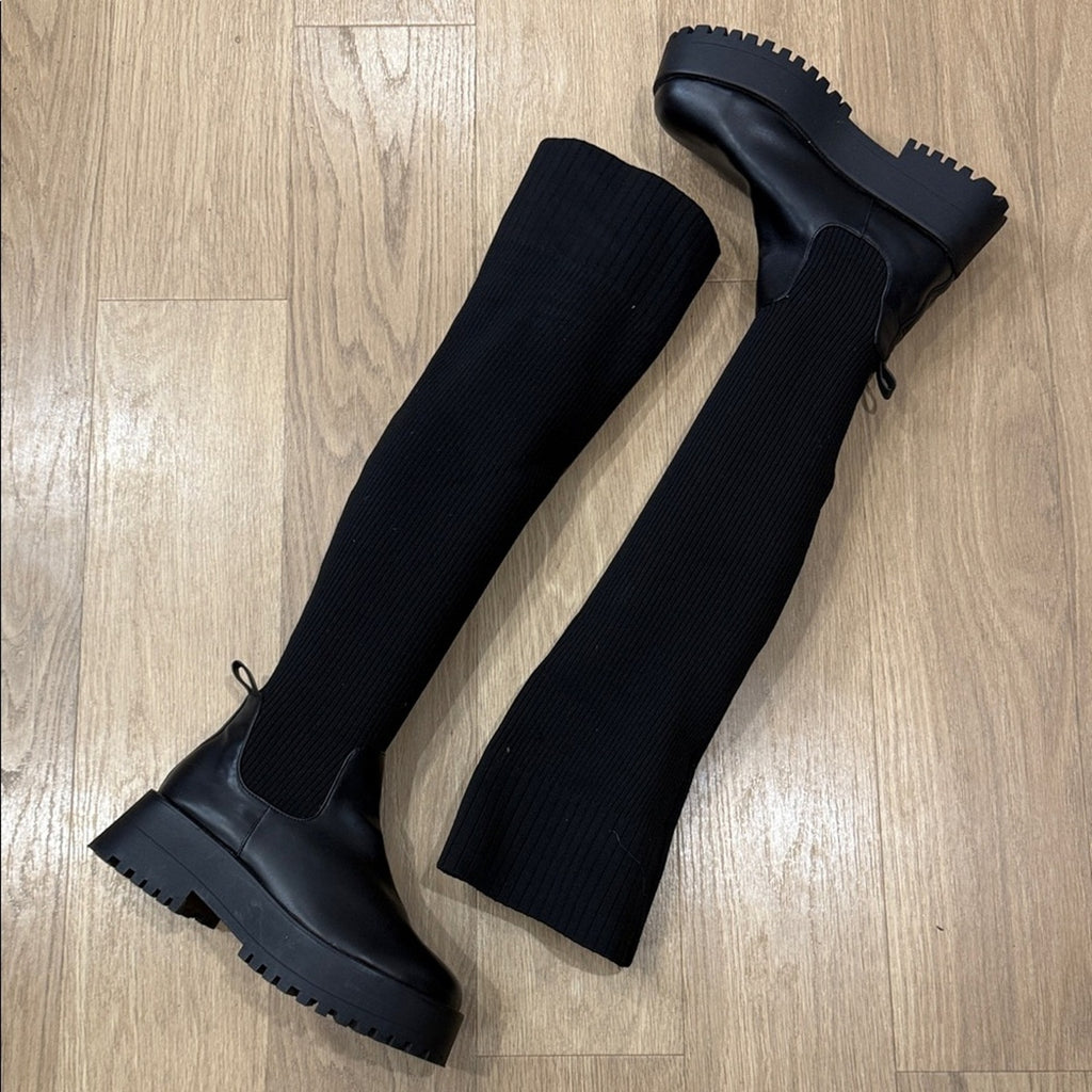 Madden Girl Black Over-the-Knee Stretch Knit Lug Sole Boots - Size 10