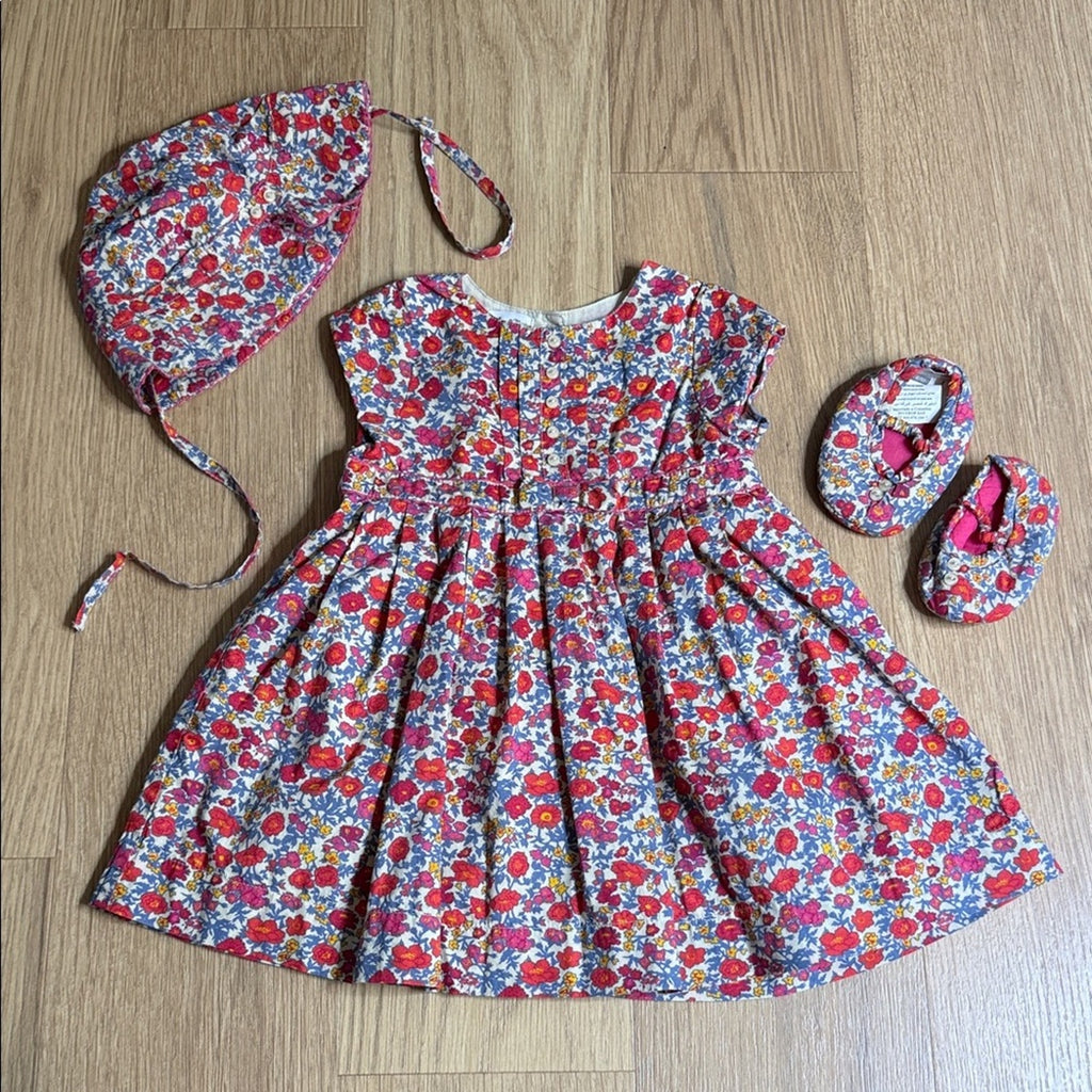 DP...am Bebe Floral Baby Dress with Bonnet and Shoes Size 12 Months