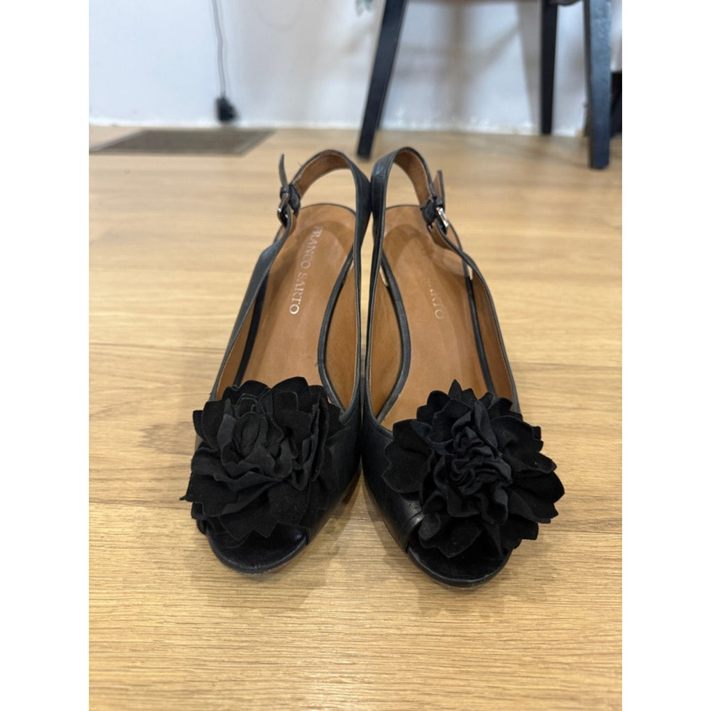 Franco Sarto L Salem Black Nubia Floral Accent Wedge Slingback Heels Size 9