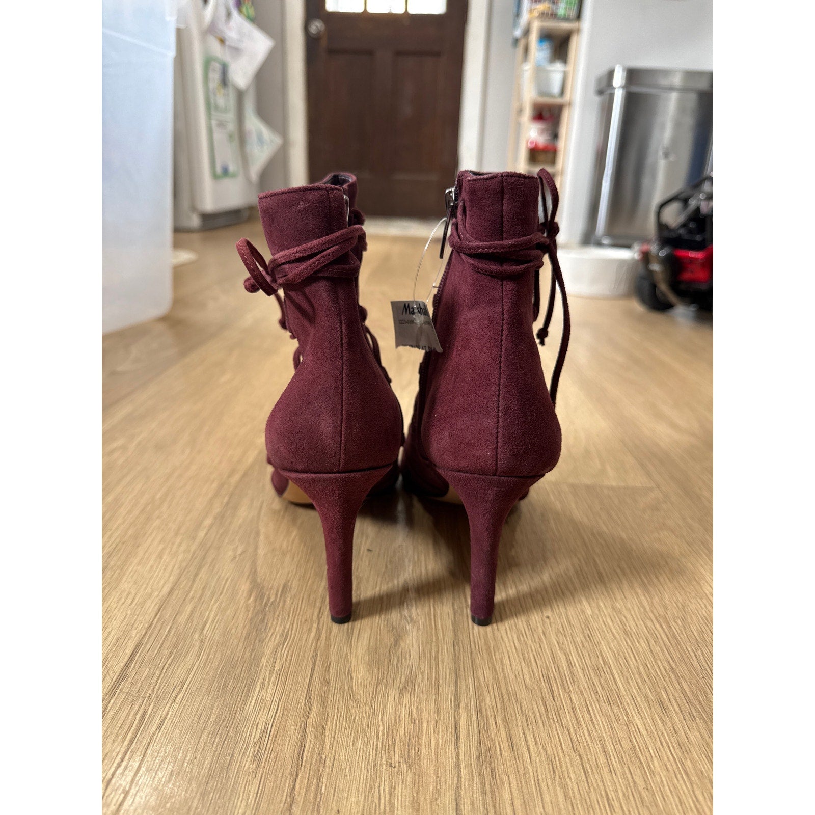 Vince Camuto Chenai Lace Up Pointed Toe Stiletto Suede Bootie in Burgundy Size 10