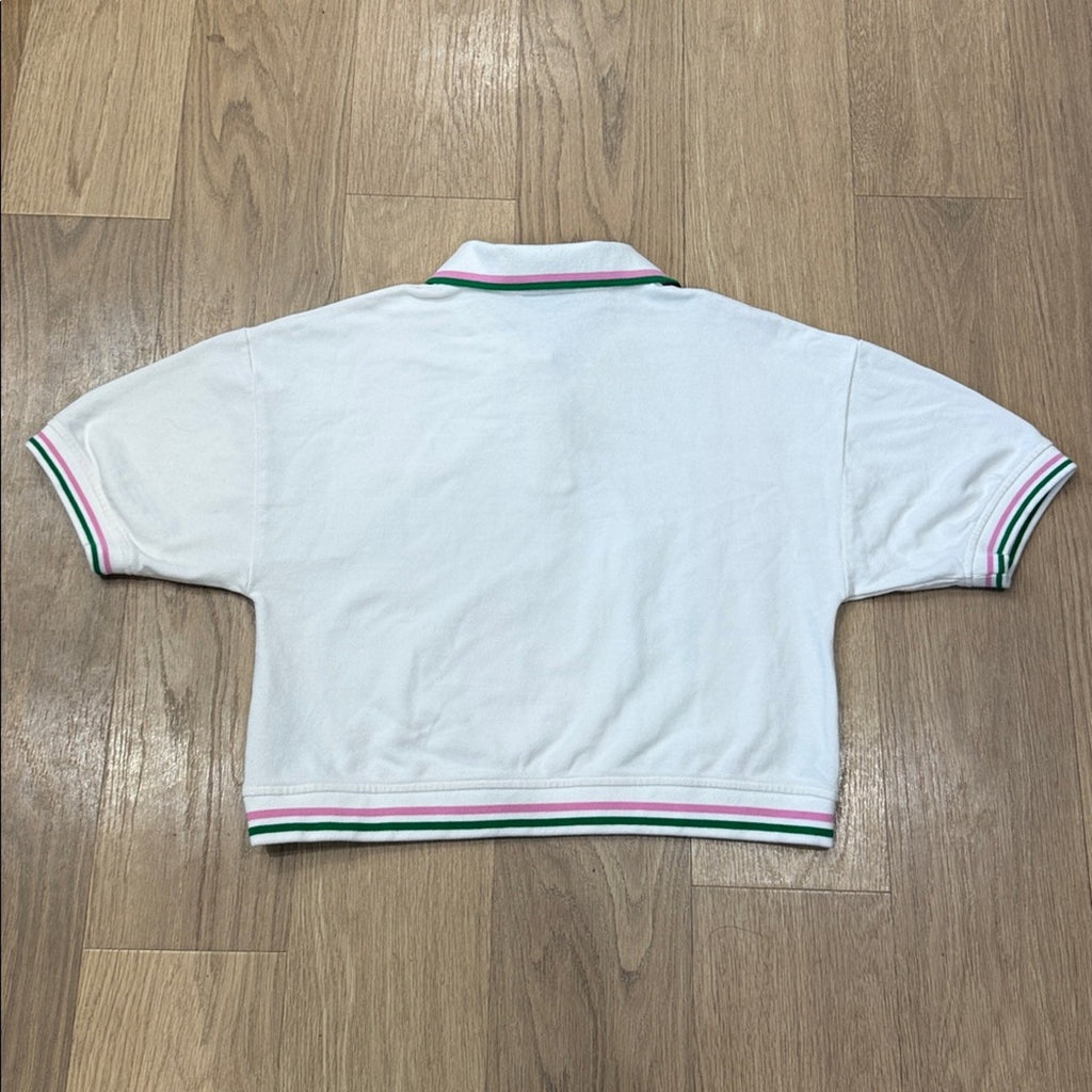 Teddy Fresh Striped Polo Tee in a Cropped Fit and Partial Button Closure Large