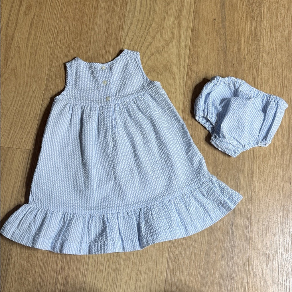Blue and White Sleeveless Baby Dress with Bloomers Set Size 6 Months