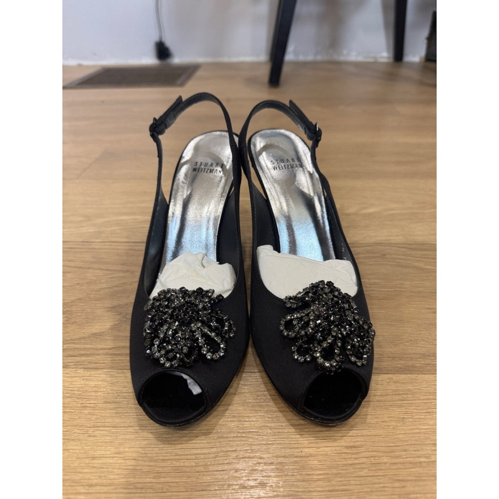 Stuart Weitzman Astrology Black Satin Embellished Peep-Toe Slingback Heels 9.5