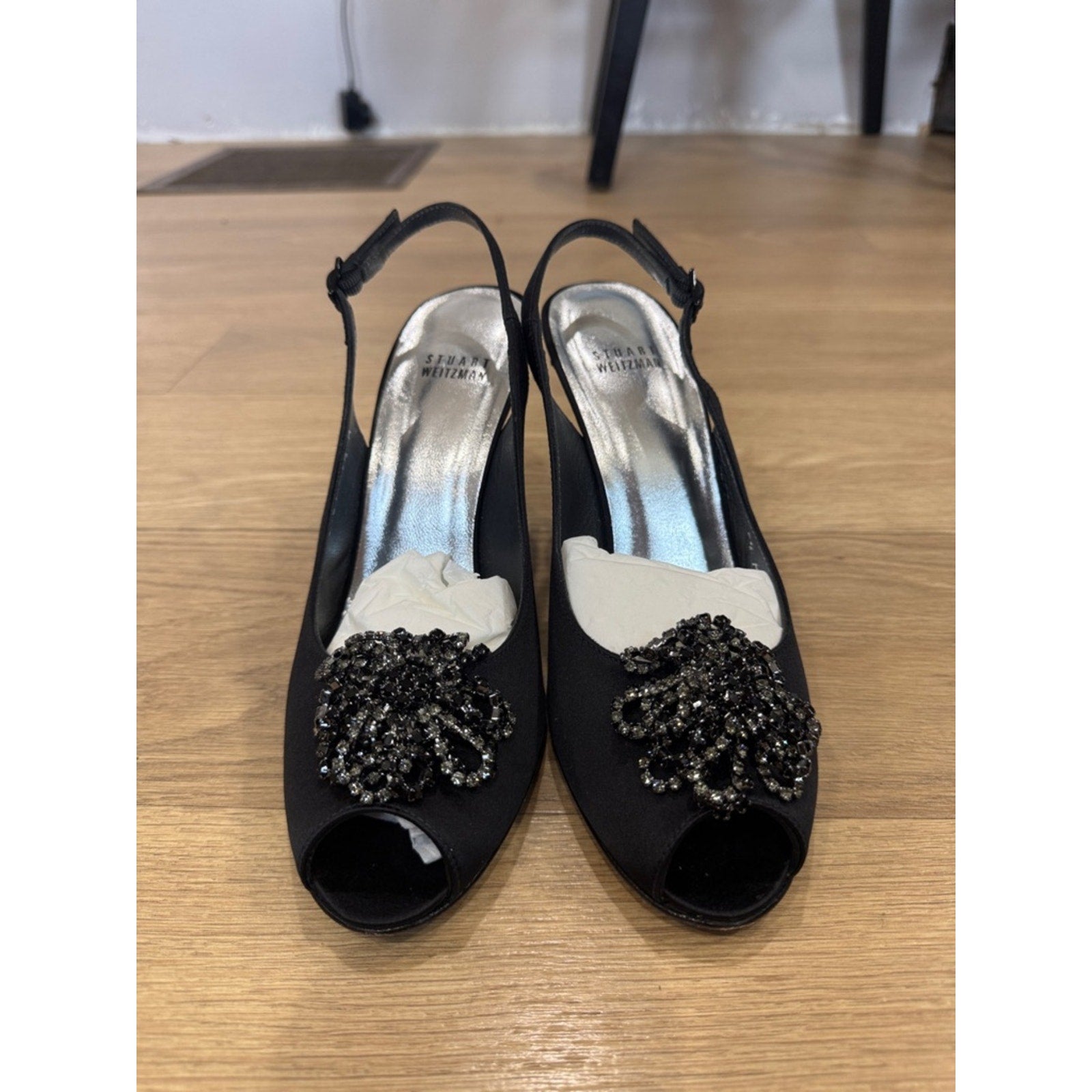 Stuart Weitzman Astrology Black Satin Embellished Peep-Toe Slingback Heels 9.5
