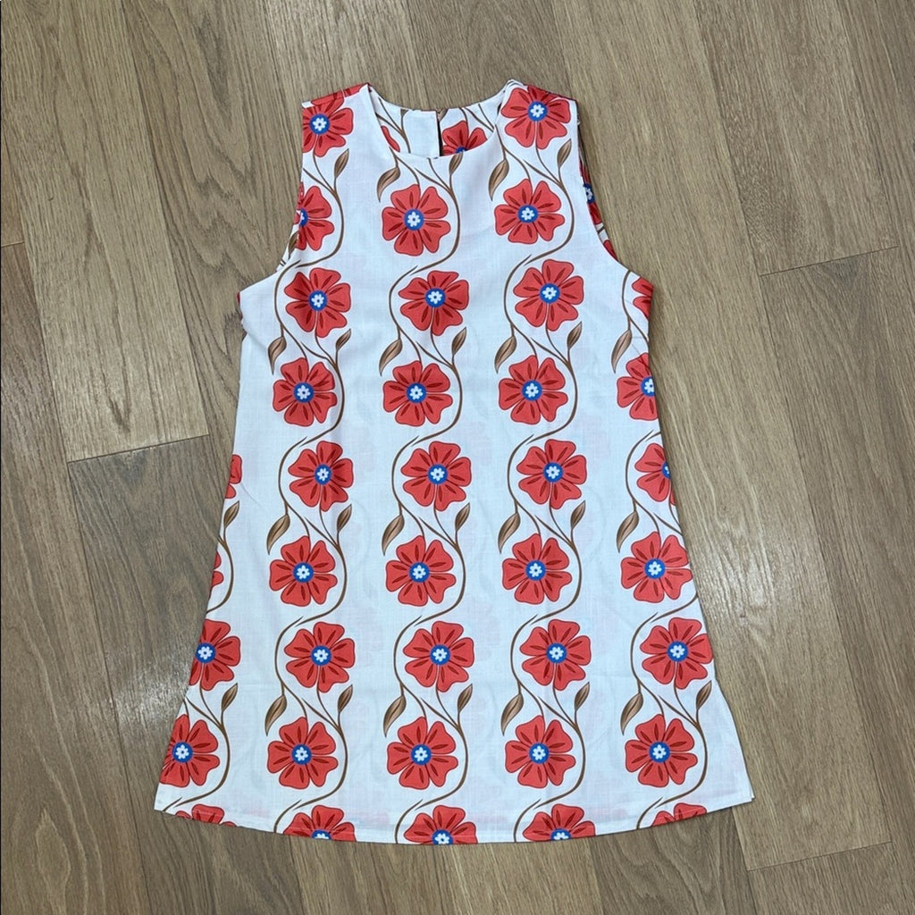 Floral Sleeveless Shift Dress - Red and White Size Small