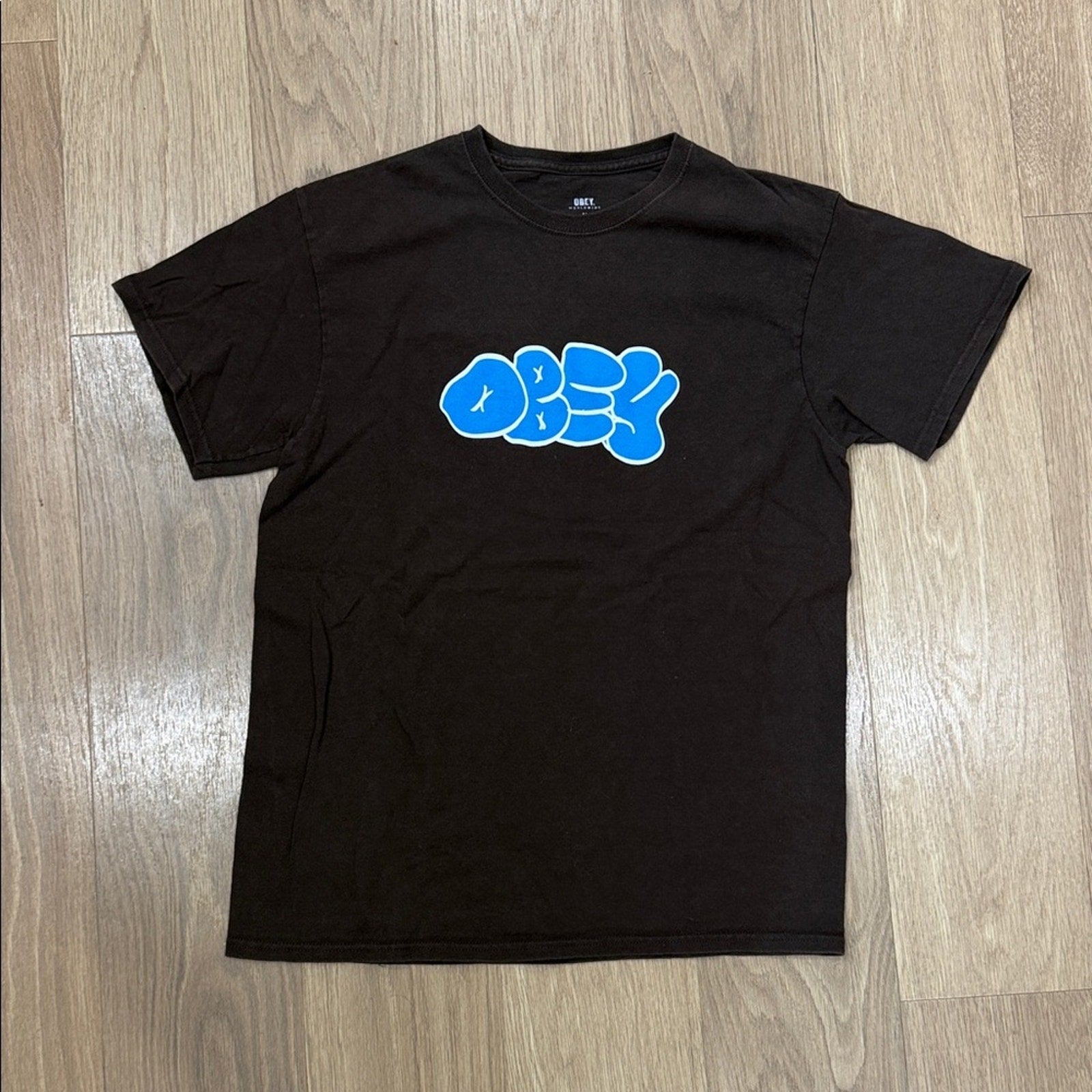 Obey Black Tee with Vibrant Blue Graphic Size Medium