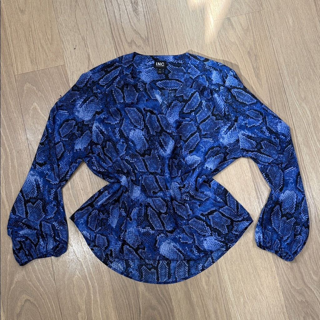 INC International Concepts Vibrant Blue Black Snake Print Blouse Size XL