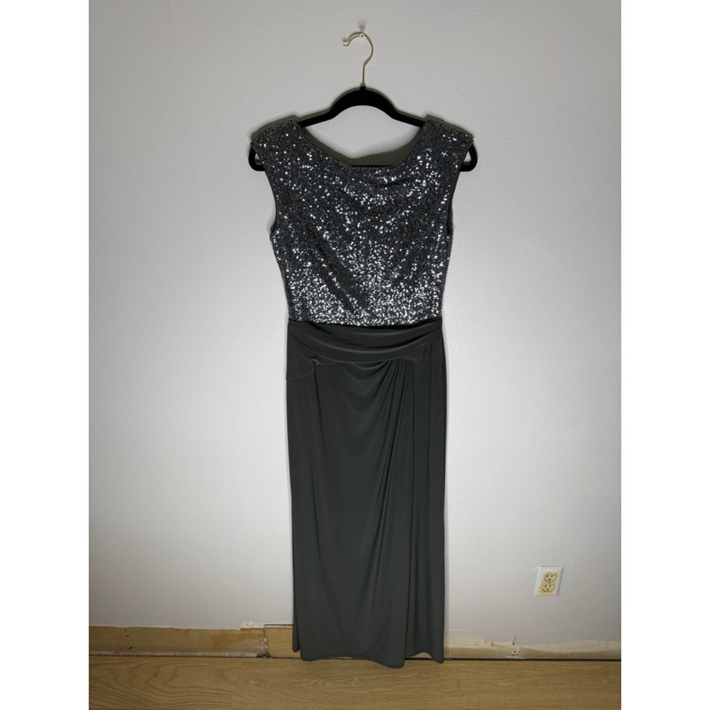 Lauren Ralph Lauren Silver Sequin Bodice with Charcoal Skirt Maxi Dress Size 10