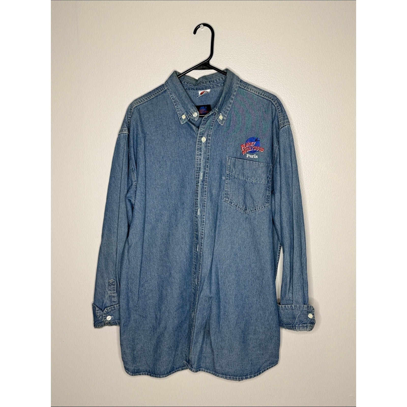 Planet Hollywood Paris Denim Button-Down Shirt with Embroidered Logo Large