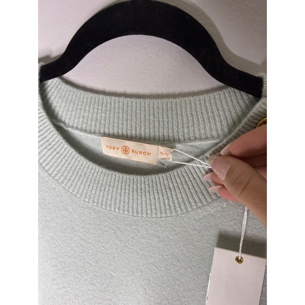 Tory Burch Pale Mint Crewneck Sweater with Gold Logo Buttons Size XL NEW!