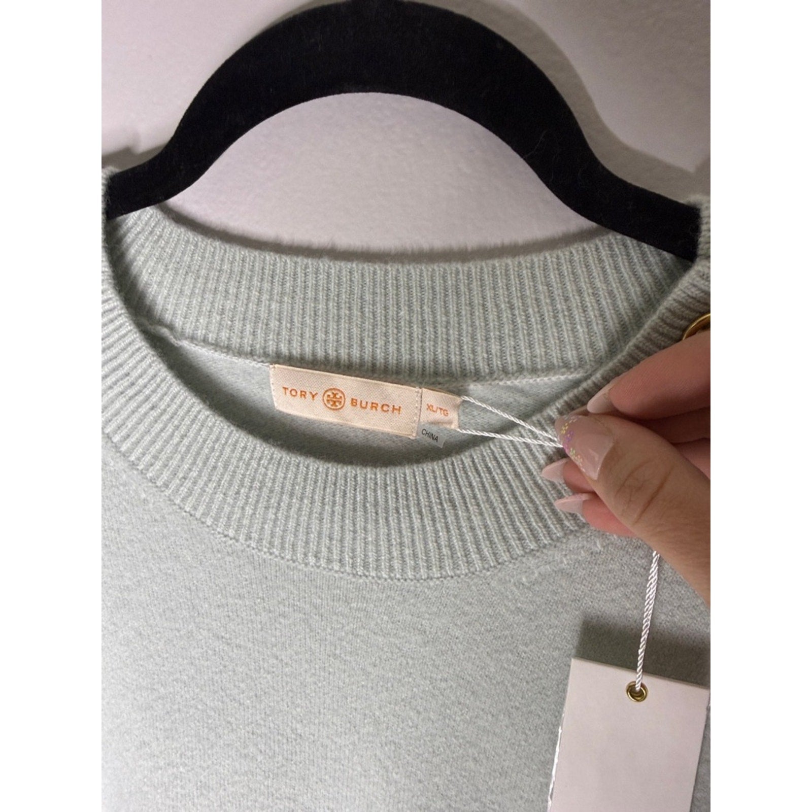 Tory Burch Pale Mint Crewneck Sweater with Gold Logo Buttons Size XL NEW!